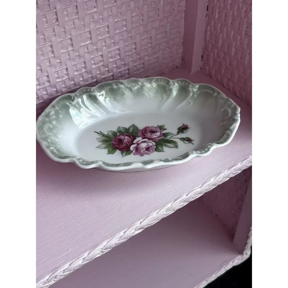 Antique Porcelain Relish Dish Trinket Tray Soap Floral Roses Victorian Cottage
